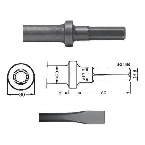 Cincel para martillos neumáticos inserción Hexagonal 14,80x60 de 330mm - Referencia 00083