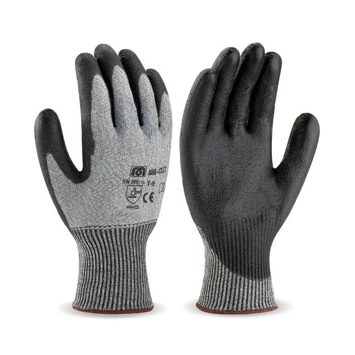 Guante fibra anticorte Nivel D gris/PU negro con puño elástico 688-CUT - Referencia 688-CUT