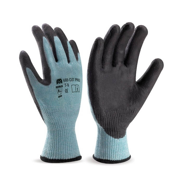 Guante fibra anticorte Nivel F gris/PU negro con puño elástico 688-CUT PRO - Referencia 688CUTPROG