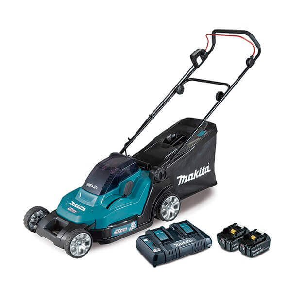 Makita DLM432CT2 con 2 baterías 5Ah - Cortacésped a batería 18Vx2 LXT 43cm - Referencia DLM432CT2